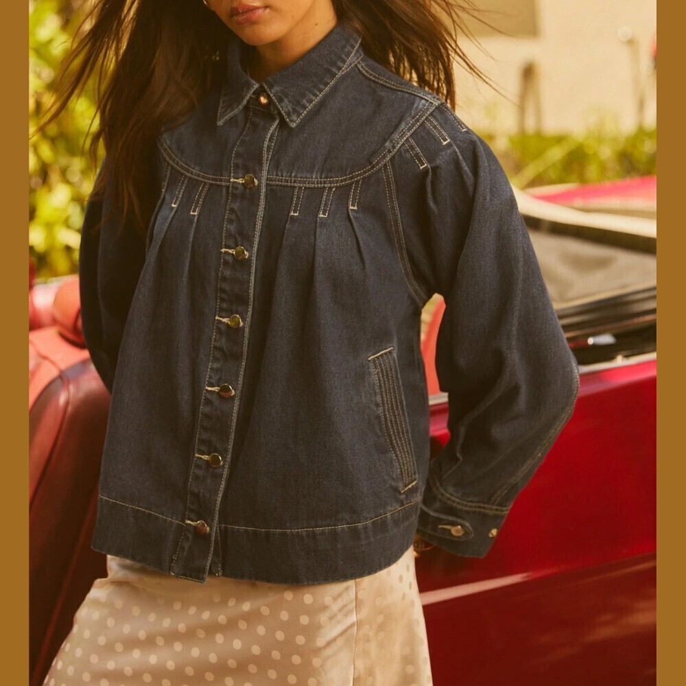 Dark Wash Denim Pleated Yoke Contrast Stitch Button Front Jacket